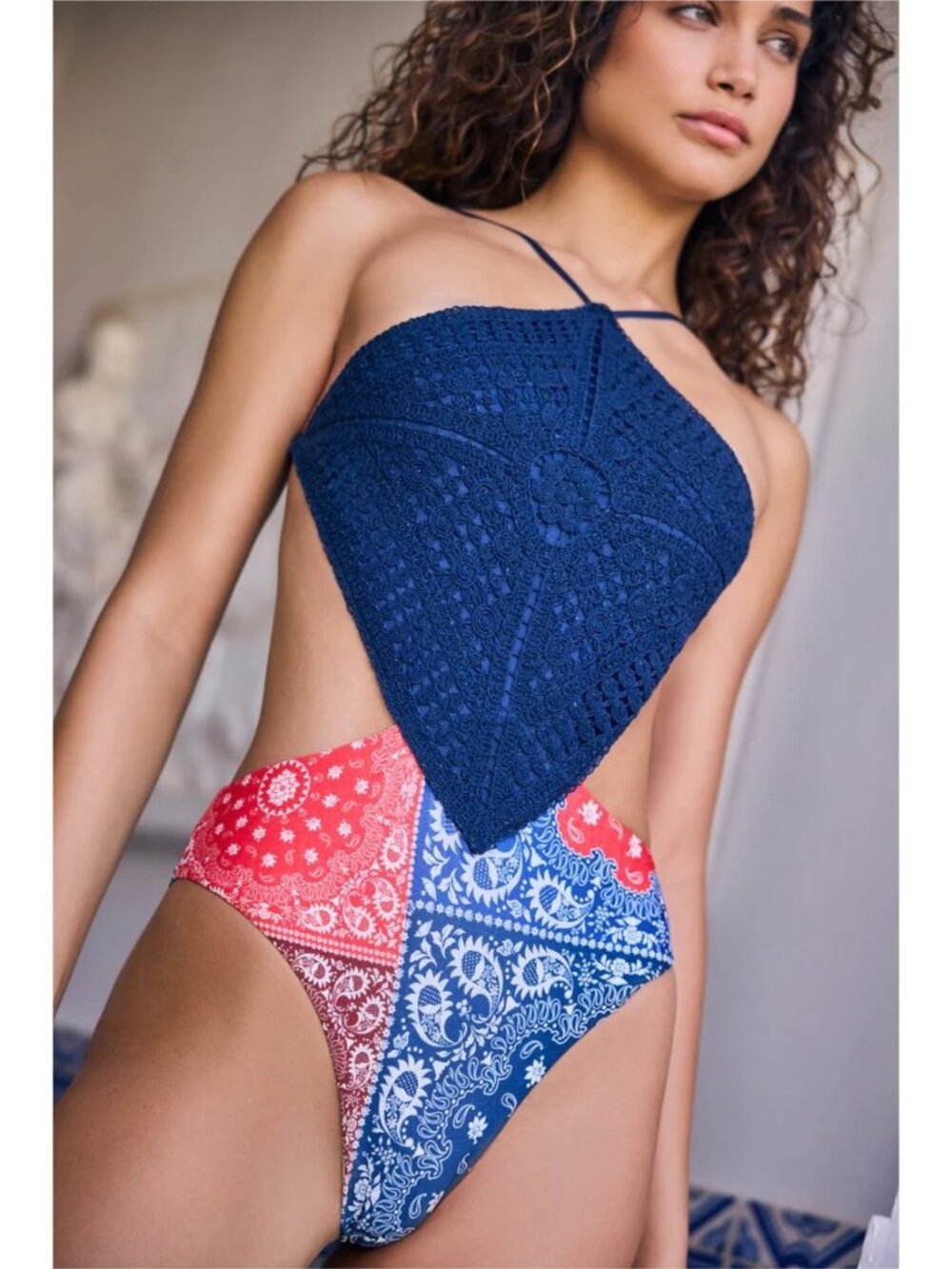 Agua Bendita Navy Crochet Halter One-Piece with Red and Blue Bandana Panels